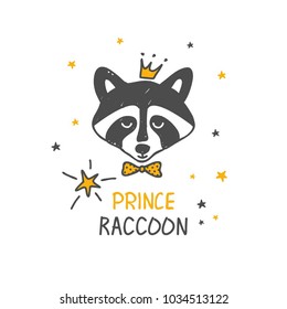 Raccoon Prince. Surface design. Can be used for kid's clothing. Use for print design, surface design, fashion kids wear.