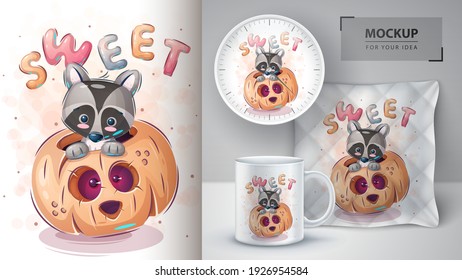 Raccoon in pumpkin - poster and merchandising. Vector eps 10