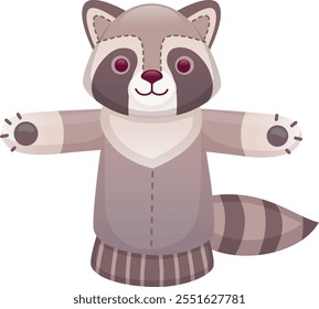 Raccoon puppet. Cartoon animal doll. Handmade toy isolated on white background