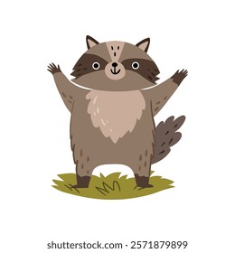 Raccoon or racoon animal, forest habitat on grass. Vector illustration of wild coon with paws up, funny forest raccoon. Cheerful humor pet for kids or children, home pet