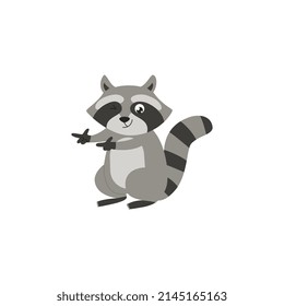 Raccoon Or Racoon Funny Comic Cartoon Character, Flat Vector Illustration Isolated On White Background. Winking Smiling Humorous Raccoon Animal Character.