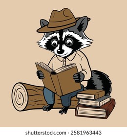 Raccoon Reading Book in The Forest Illustration