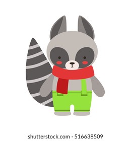 Raccoon In Red Scarf And Green Pants Cute Toy Baby Animal Dressed As Little Boy