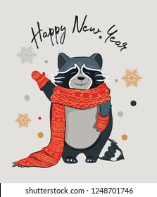 raccoon with red scarf.Vector cute cartoon charcter.Racoon isolated with snowflakes.Chrismas concept.Perfect for christmas and NewYear greeting card