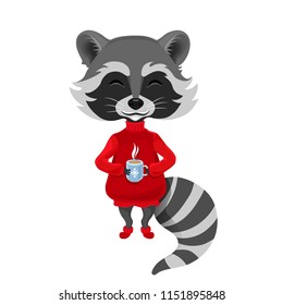 Raccoon in a red sweater and socks. Vector illustration. Cartoon character isolated on white background.