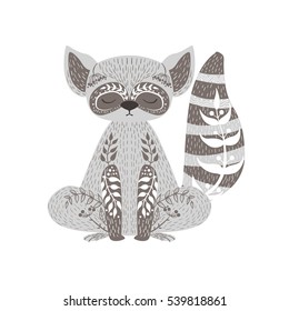 Raccoon Relaxed Cartoon Wild Animal With Closed Eyes Decorated With Boho Hipster Style Floral Motives And Patterns