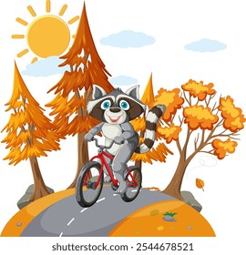 A raccoon rides a bike on a sunny day