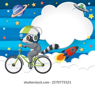 Raccoon rides bike through space with planets and stars