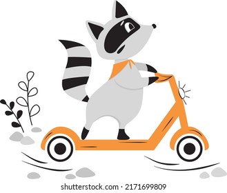 Raccoon rides a scooter on the road. Vector illustration for kids. Can be used for shirt design, fashion print design, kids wear, greeting card.