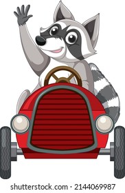Raccoon riding in red car illustration