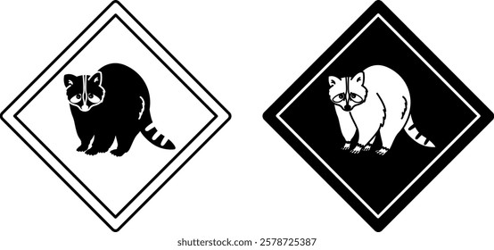 Raccoon Road Signs. Black and White Vector Icons. Road Sign Warning about Animals Crossing the Road. Zoo Sticker