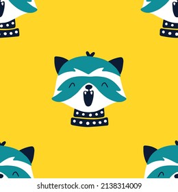 Raccoon rock star animal seamless pattern. Hand drawn colorful doodle cartoon character in rock accessories. Ideal for baby clothes, textiles, wallpaper, wrapping paper