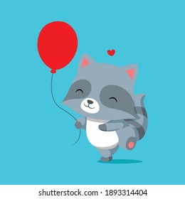 The raccoon is running and playing with the red balloons on his hand of illustration