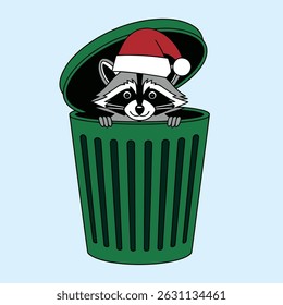 Raccoon with Santa Hat in Trash Can Illustration