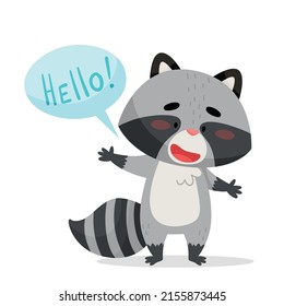 The raccoon says hello and spreads its paws to the sides. Drawn in cartoon style. Vector illustration for designs, prints and patterns. Isolated on white background