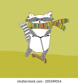 Raccoon in a scarf on a scooter. Vector