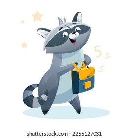 Raccoon schoolboy with a backpack and fives, children's illustration isolated on a white background