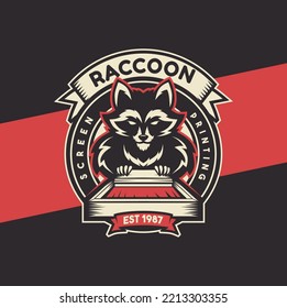 raccoon screen printing logo character illustration for t-shirt company and printing