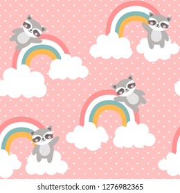 Raccoon Seamless Pattern Background, Happy cute racoon flying in the sky between clouds and star, Cartoon Raccoon Vector illustration for kids forest background with rain dots