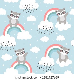 Raccoon Seamless Pattern Background, Happy cute racoon flying in the sky between clouds and star, Cartoon Raccoon Vector illustration for kids forest background with rain dots