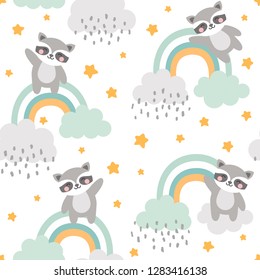 Raccoon Seamless Pattern Background, Happy cute racoon flying in the sky between clouds and star, Cartoon Raccoon Vector illustration for kids forest background with rain dots