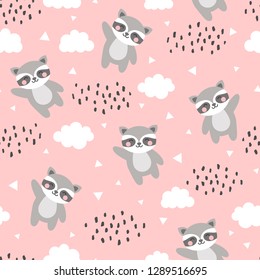Raccoon Seamless Pattern Background, Happy cute racoon flying in the sky between clouds and star, Cartoon Raccoon Vector illustration for kids forest background with rain dots