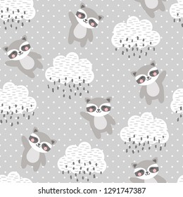 Raccoon Seamless Pattern Background, Happy cute racoon flying in the sky between clouds and star, Cartoon Raccoon Vector illustration for kids forest background with rain dots