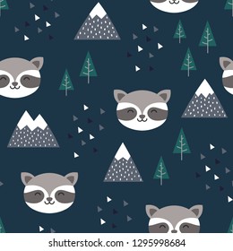 Raccoon Seamless Pattern Background, Scandinavian Happy cute raccoon in the forest between mountain tree and cloud, cartoon raccoon vector illustration for kids nordic background with triangle dots