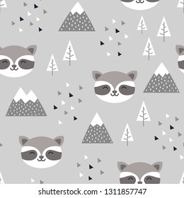 Raccoon Seamless Pattern Background, Scandinavian Happy cute raccoon in the forest between mountain tree and cloud, cartoon raccoon vector illustration for kids nordic background with triangle dots