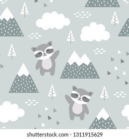 Raccoon Seamless Pattern Background, Scandinavian Happy cute raccoon in the forest between mountain tree and cloud, cartoon raccoon vector illustration for kids nordic background with triangle dots