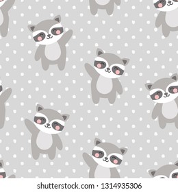 Raccoon Seamless Pattern Background, Scandinavian Happy cute raccoon with dot for baby. cartoon raccoon bears vector illustration for kids nordic background