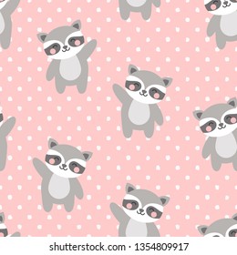 Raccoon Seamless Pattern Background, Scandinavian Happy cute raccoon with dot for baby. cartoon raccoon bears vector illustration for kids nordic background