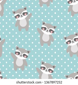 Raccoon Seamless Pattern Background, Scandinavian Happy cute raccoon with dot for baby. cartoon raccoon bears vector illustration for kids nordic background