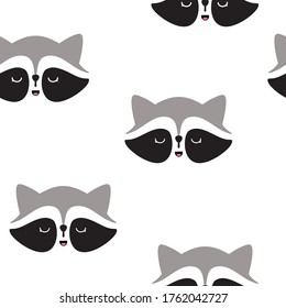 raccoon seamless pattern. сute coon faces on white background. Children's cartoon background. vector illustration. EPS 10.