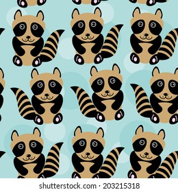 Raccoon Seamless pattern with funny cute animal on a blue background. Vector