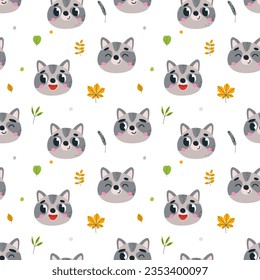 Raccoon sin fisuras, raccoons divertidos se enfrenta a un diseño de impresión infantil. Gráficos, tejidos o papel pintado decorativos imprimibles. Antecedentes vectoriales clásicos