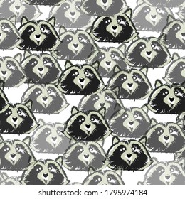 raccoon seamless pattern. repeating animals on white background.For decoration of fabric, wallpaper, wrapping paper. design of a children's room, towels, bed linen. black and white. vector eps 10 top
