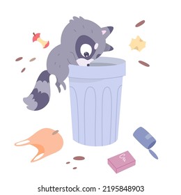 Raccoon Searching For Food In Container With Waste Vector Illustration. Cartoon Isolated Racoon Character With Striped Tail And Paws Climbing On Street Trash Bin, Funny Scene With Furry Animal