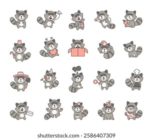 Raccoon set featuring cute kawaii cartoon characters with various emotions, funny expressions, and adorable poses, including sleeping, flying, celebrating, and holding different objects