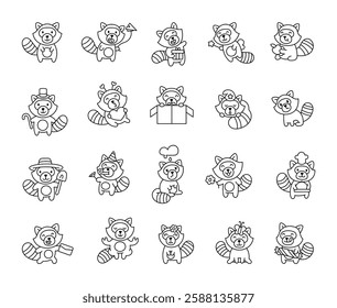 Raccoon set featuring cute kawaii cartoon characters with various emotions, funny expressions, and adorable poses, including sleeping, flying, celebrating, and holding different objects