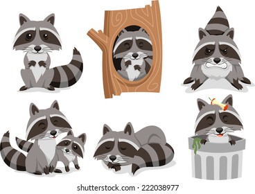  Raccoon Set, inside trash can. Vector illustration cartoon.