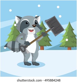 raccoon shoveling snowdrift vector illustration design