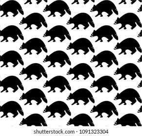 Raccoon, silhouette, with ornament. Vector, seamless texture