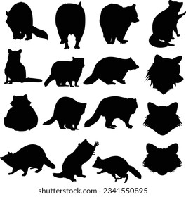 Raccoon silhouettes collection. Animals silhouettes