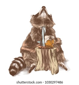 raccoon sits and looks up, straightens his collar for food and prepares the meal, next to a stump with a mug of beer and grilled sausage, sketch vector graphics color picture