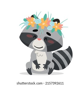 Raccoon sits with a wreath of flowers. Drawn in cartoon style. Vector illustration for designs, prints and patterns. Isolated on white background