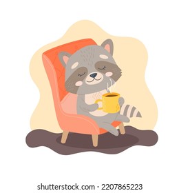 Raccoon sitting in armchair with cup of hot coffee. Autumn character, indoor activity. Cute seasonal vector illustration in flat cartoon style