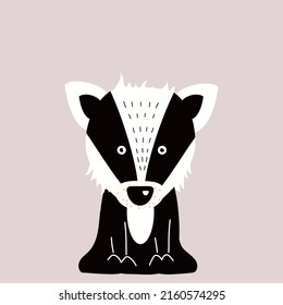 The raccoon is sitting. Drawing in hand draw style. Vector stock illustration. Grey background. Сartoon