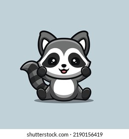 Raccoon Sitting Excited Cute Creative Kawaii Cartoon Mascot Logo