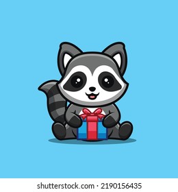 Raccoon Sitting Gift Box Cute Creative Kawaii Cartoon Mascot Logo